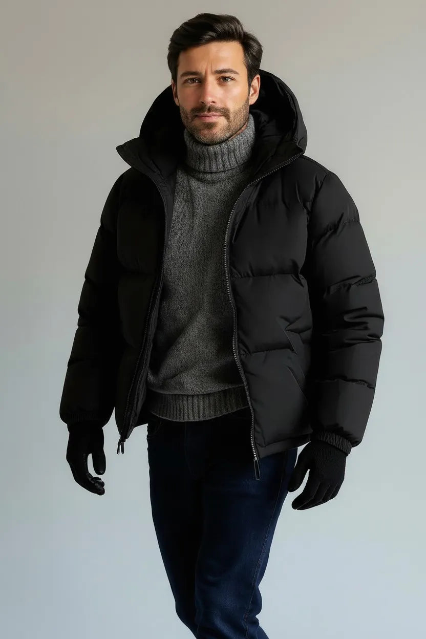 Men’s Modern Hooded Puffer Jacket with Full Zip Closure and Quilted Design