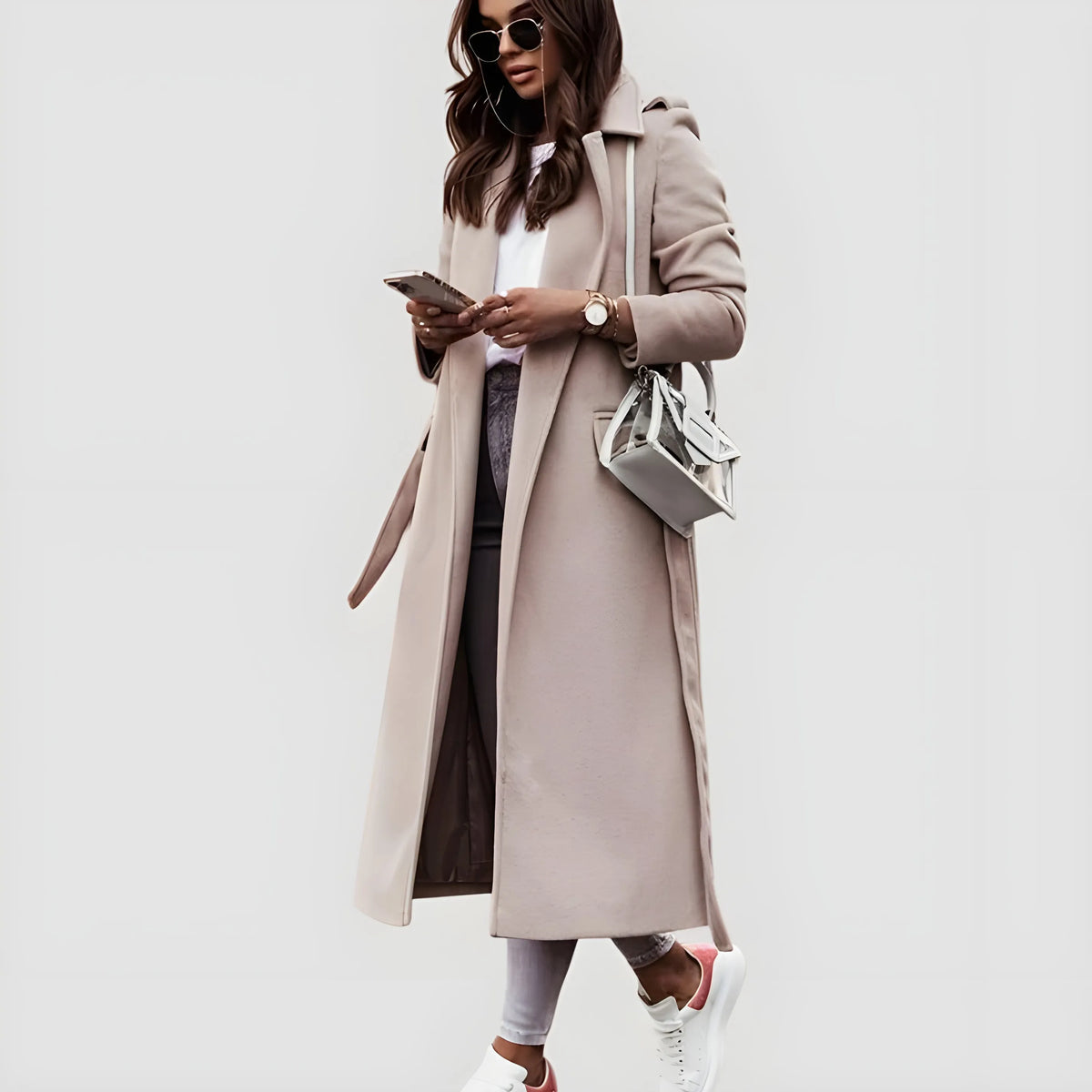 Women’s Casual Long Coat with Belted Waist