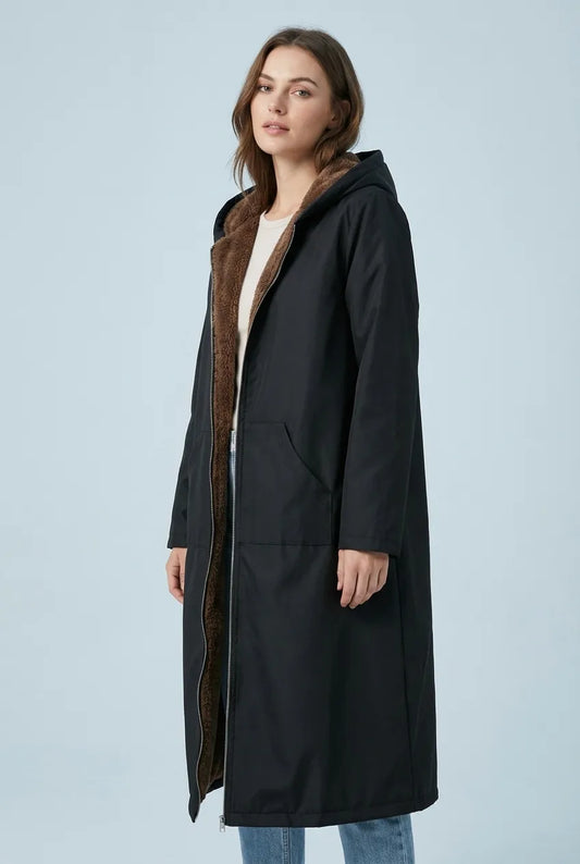 Women’s Long Black Winter Coat with Hood